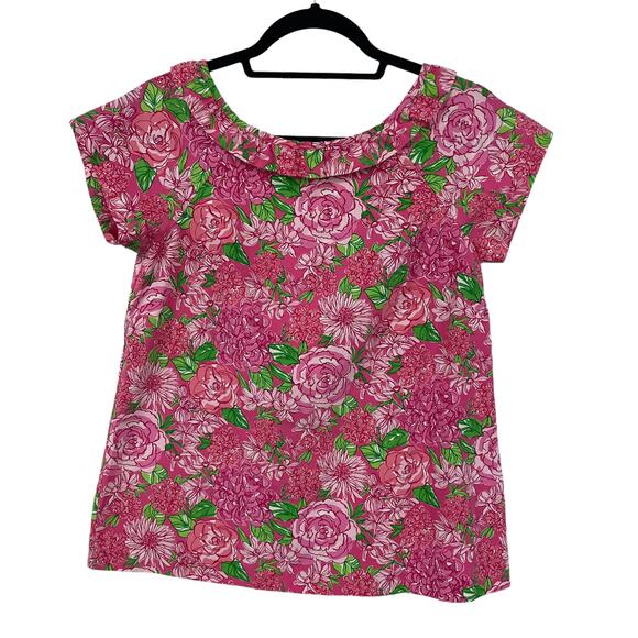 Lilly Pulitzer Silk Blend Button Back Pink Floral Short Sleeve Top Womens 2 - Picture 1 of 7